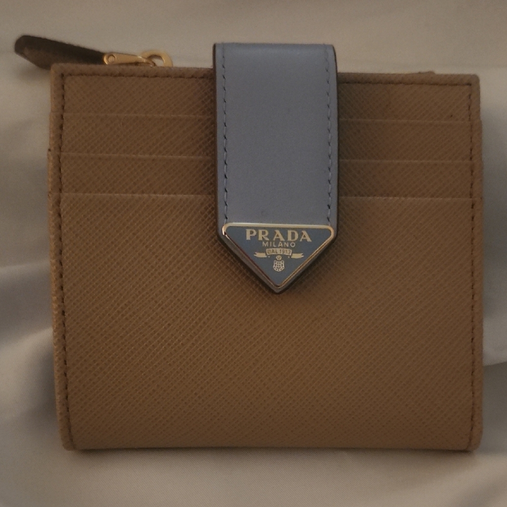 Prada Tan and Blue Card Wallet